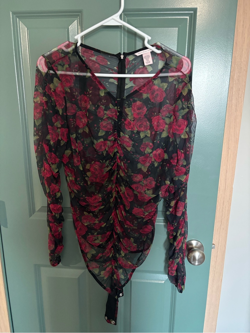 Victoria's Secret Black Sheer Mesh Bodysuit with Red Rose Print